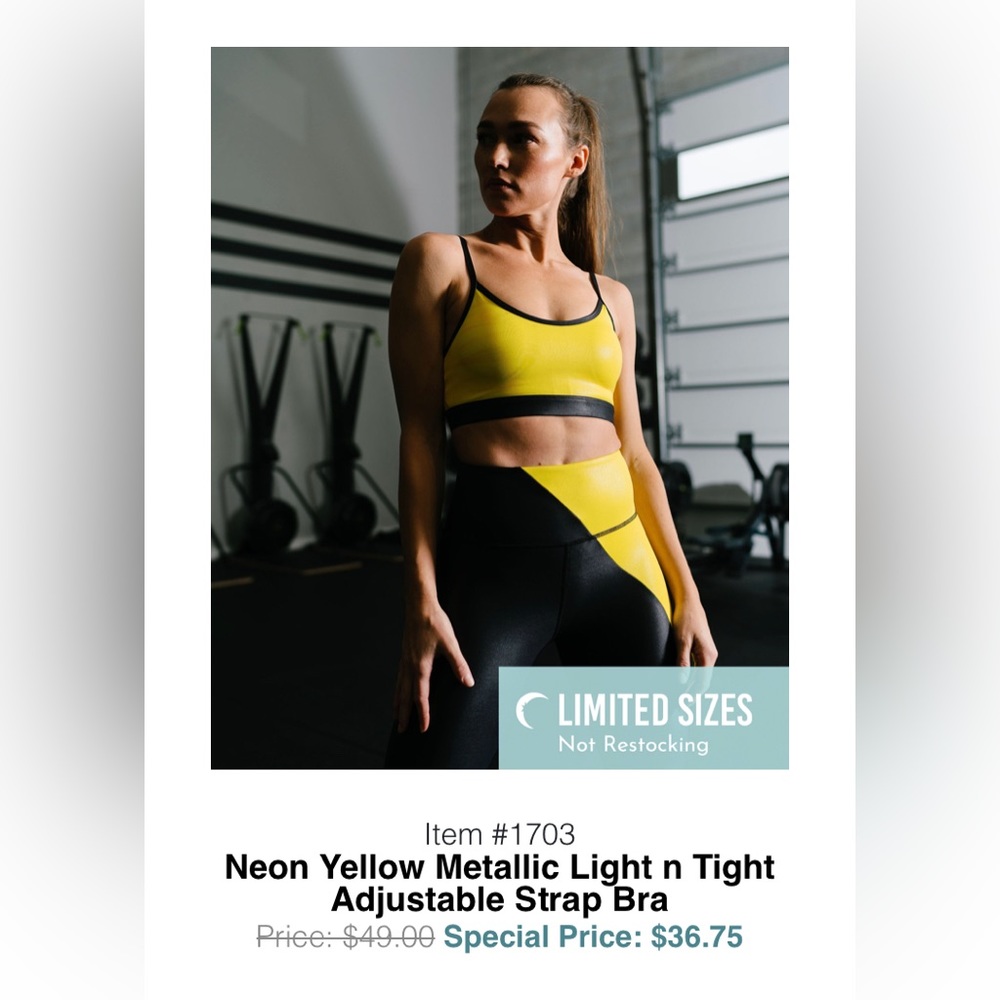 Ziya Neon Yellow Metallic Light N Tight bra; never in dryer; like new